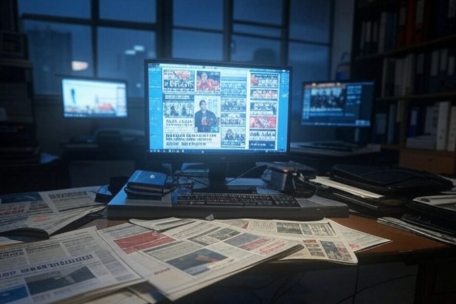 Escritorio con computadora leyendo medios de comunicación